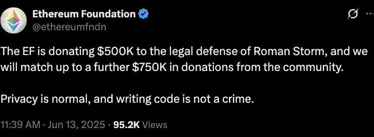Noticias de Ethereum Ethereum Foundation donará 500.000 dólares a la defensa de Roman Storm