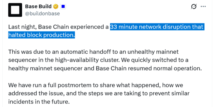 Noticias de Ethereum Base culpa a secuenciador defectuoso por caída de 33 minutos; se realizaron correcciones