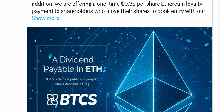 Noticias de Ethereum BTCS Inc To Pay ETH Dividend, Loyalty Payment To Deter Short-Sellers