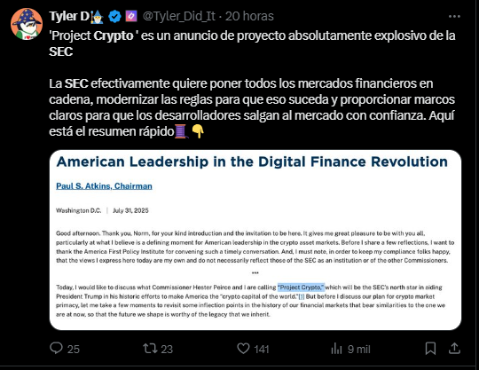 Comentario de un usuario de X sobre el Proyecto Crypto de la SEC.