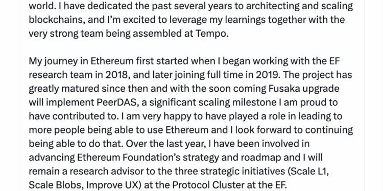 Noticias de Ethereum Dankrad Feist se une al equipo de la blockchain Tempo de Stripe