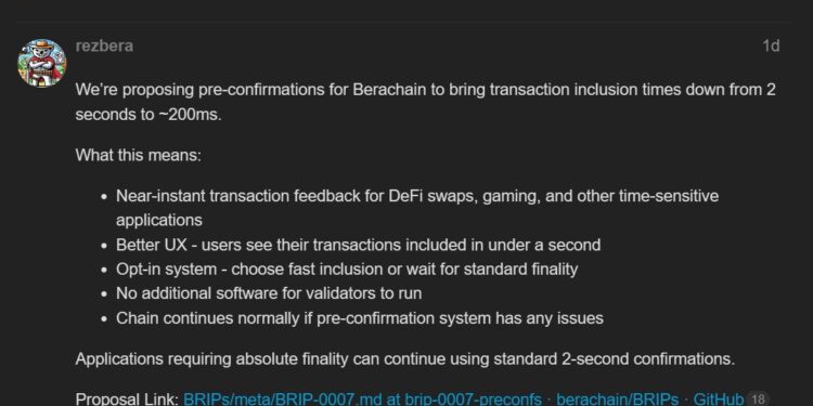 Noticias de Ethereum Berachain Proposes 200ms Preconfirmations for DeFi and Gaming