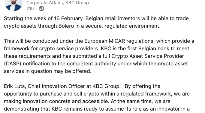 Noticias de Ethereum KBC Bank lanzará trading de criptomonedas regulado por MiCA en Bélgica