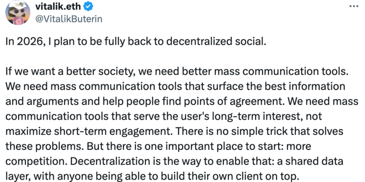Noticias de Ethereum Vitalik Buterin prioriza las redes sociales descentralizadas para 2026
