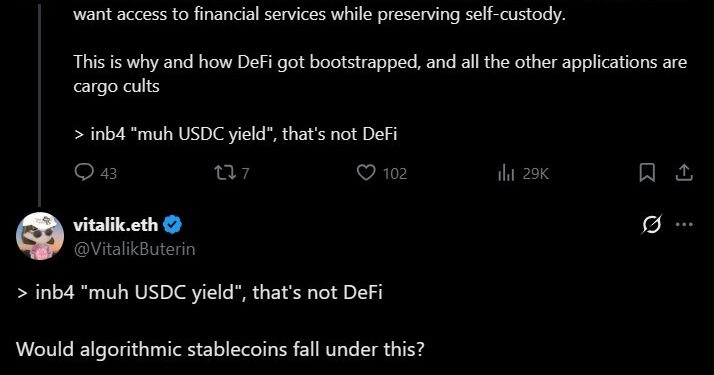 Noticias de Ethereum Buterin cuestionó los modelos de stablecoins que usan rendimientos en DeFi